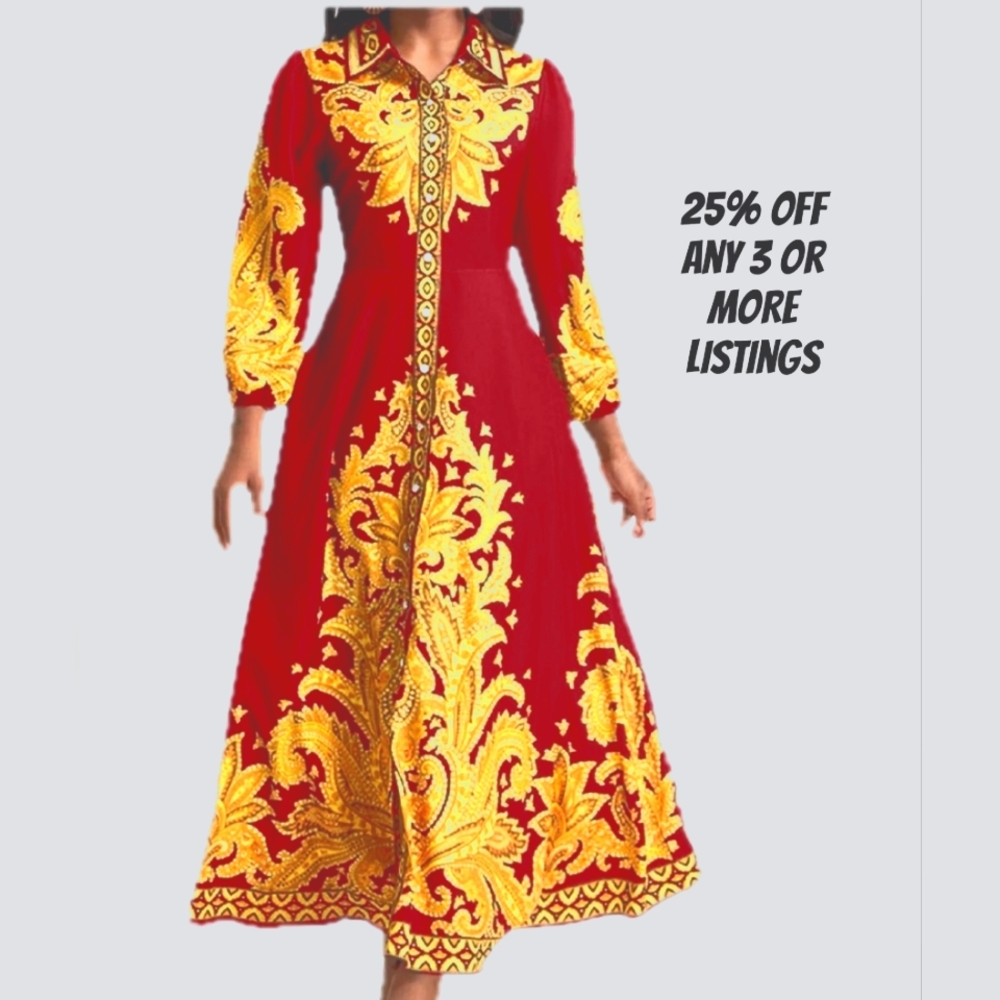 Elegant Red Gold Women's Dress Size XL Button Up Down Graphic Print Collar Slip